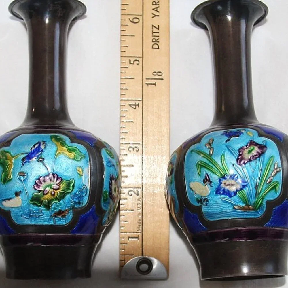 Small Vintage Cloisonne Genuine Silver Antique Natural Patina  Floral Vase Set